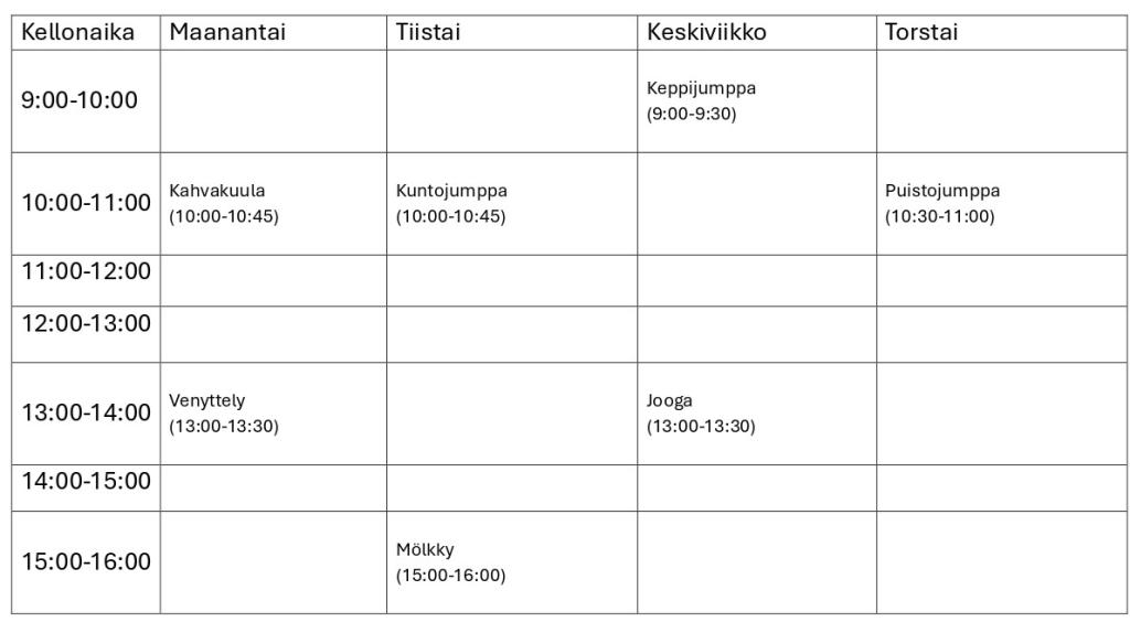 Elokuun maksuttomien pihajumppien lukujärjestys.