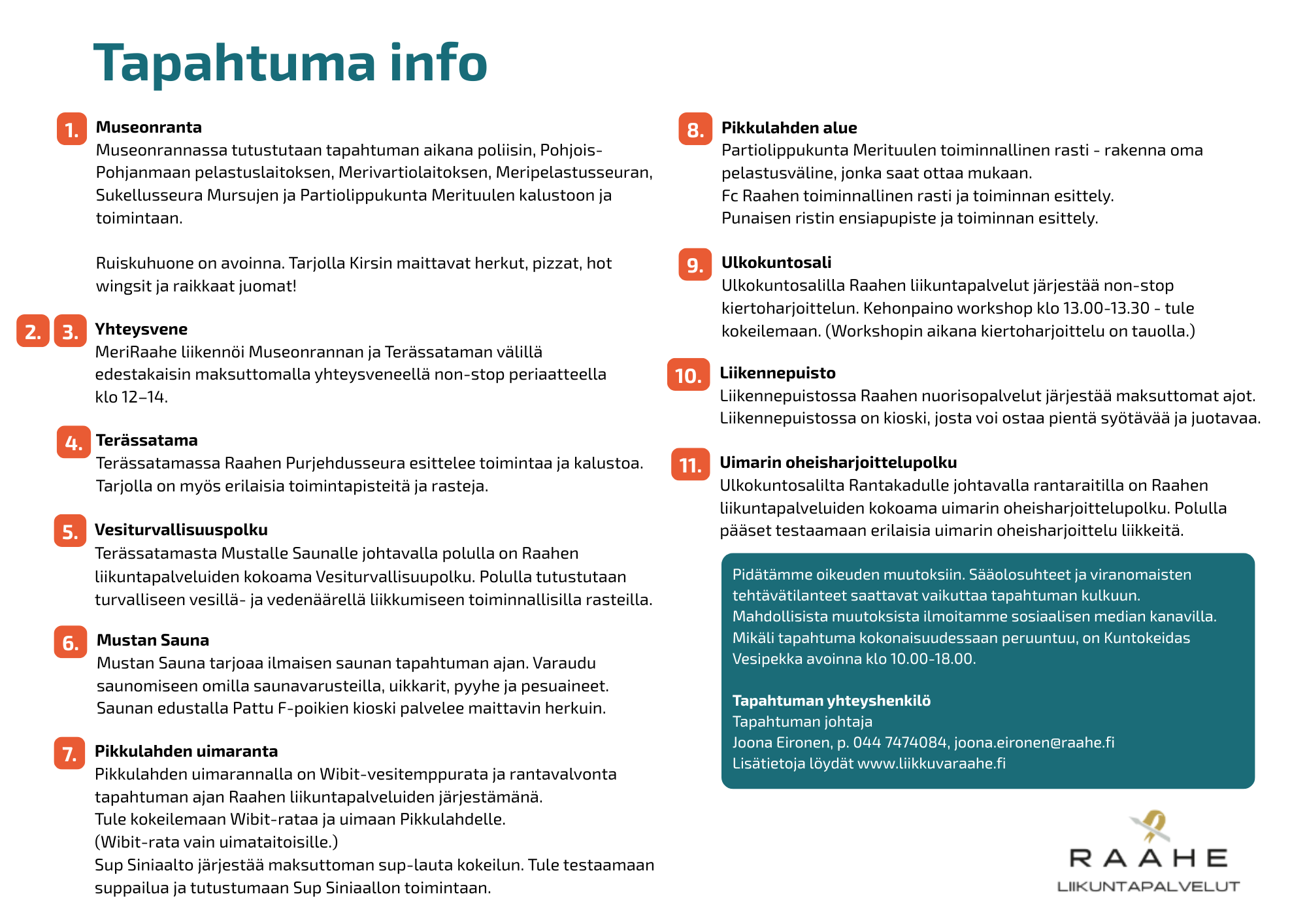 Eläköön Raahe -vesiturvallisuustapahtuman tapahtumakartan toinen sivu jossa tapahtuma info.