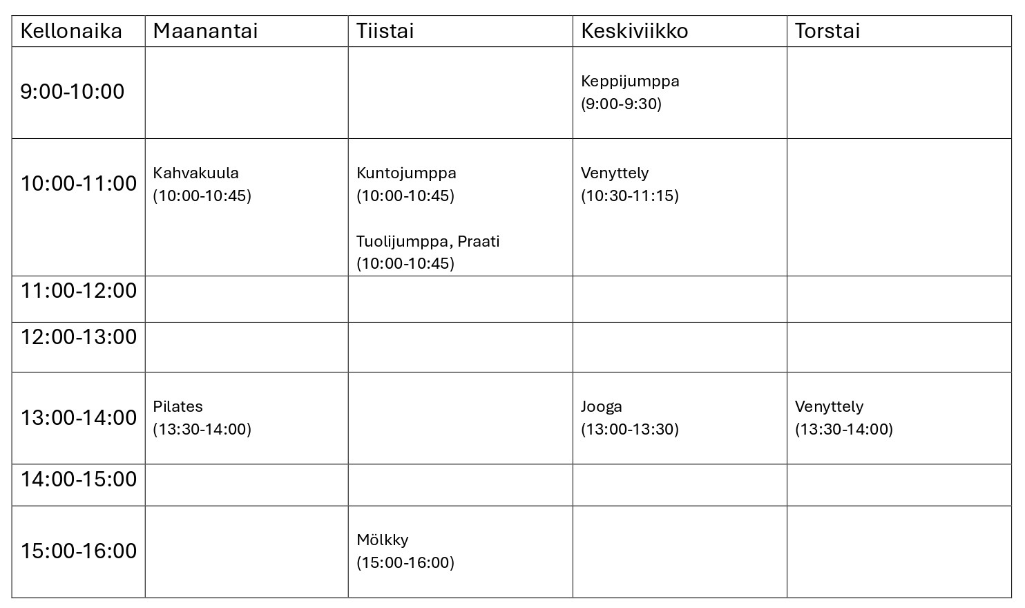 Maanantai Kahvakuula klo 10.00-10.45. Pilates klo 13.30-14.00. Tiistai Kuntojumppa klo 10.00-10.45. Tuolijumppa, praati klo 10.00-10.45. Keskiviikko keppijumppa klo 9.00-9.30. Venyttely klo 10.30-11.15. Jooga klo 13.00-13.30. Torstai venyttely klo 13.30-14.00.