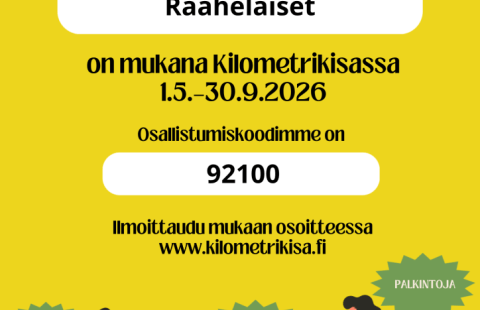 Keltainen kuva, jossa pyöräilijöitä ja ohjeet pyöräilyn kilometrikisaan. 